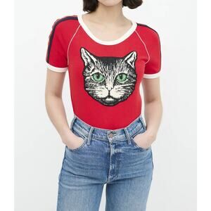 Gucci Red Mystic Cat Embroidered Patch Graphic T-Shirt Top Blouse Size XS